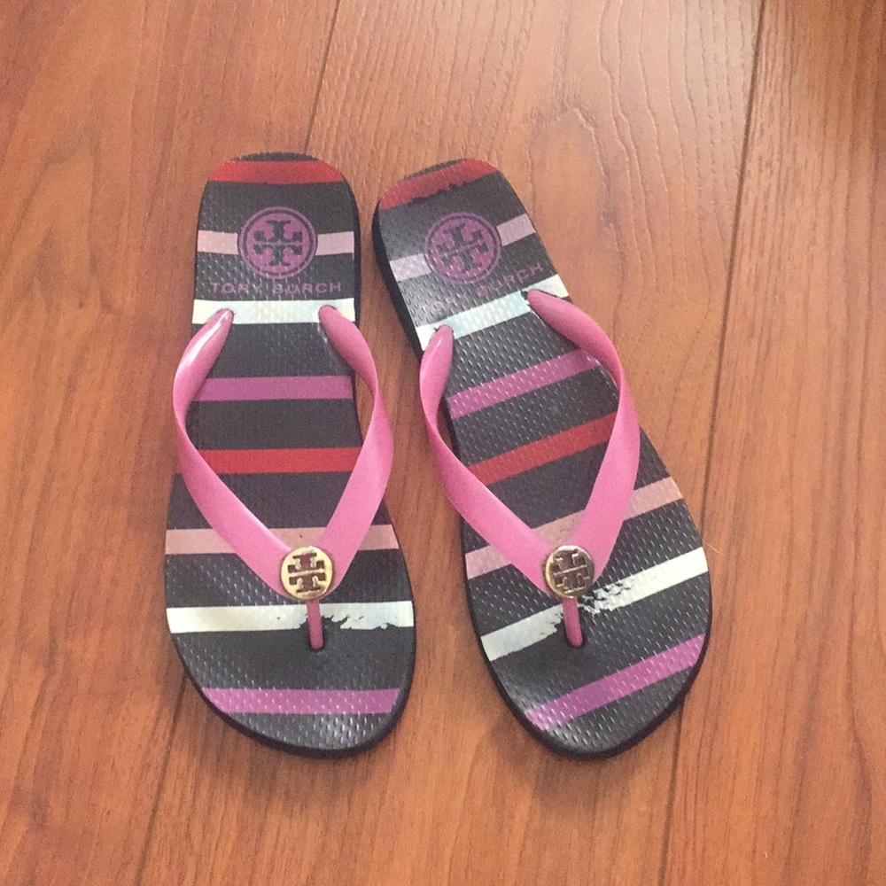 Tory Burch Pink Strap Striped Flip Flops